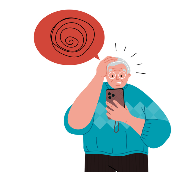 Förvirrad äldre man med mobil i handen