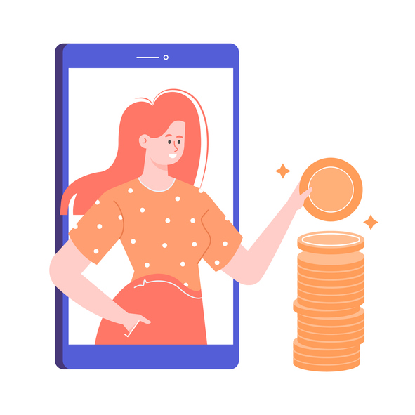 Kvinna som sparar pengar genom mobilen